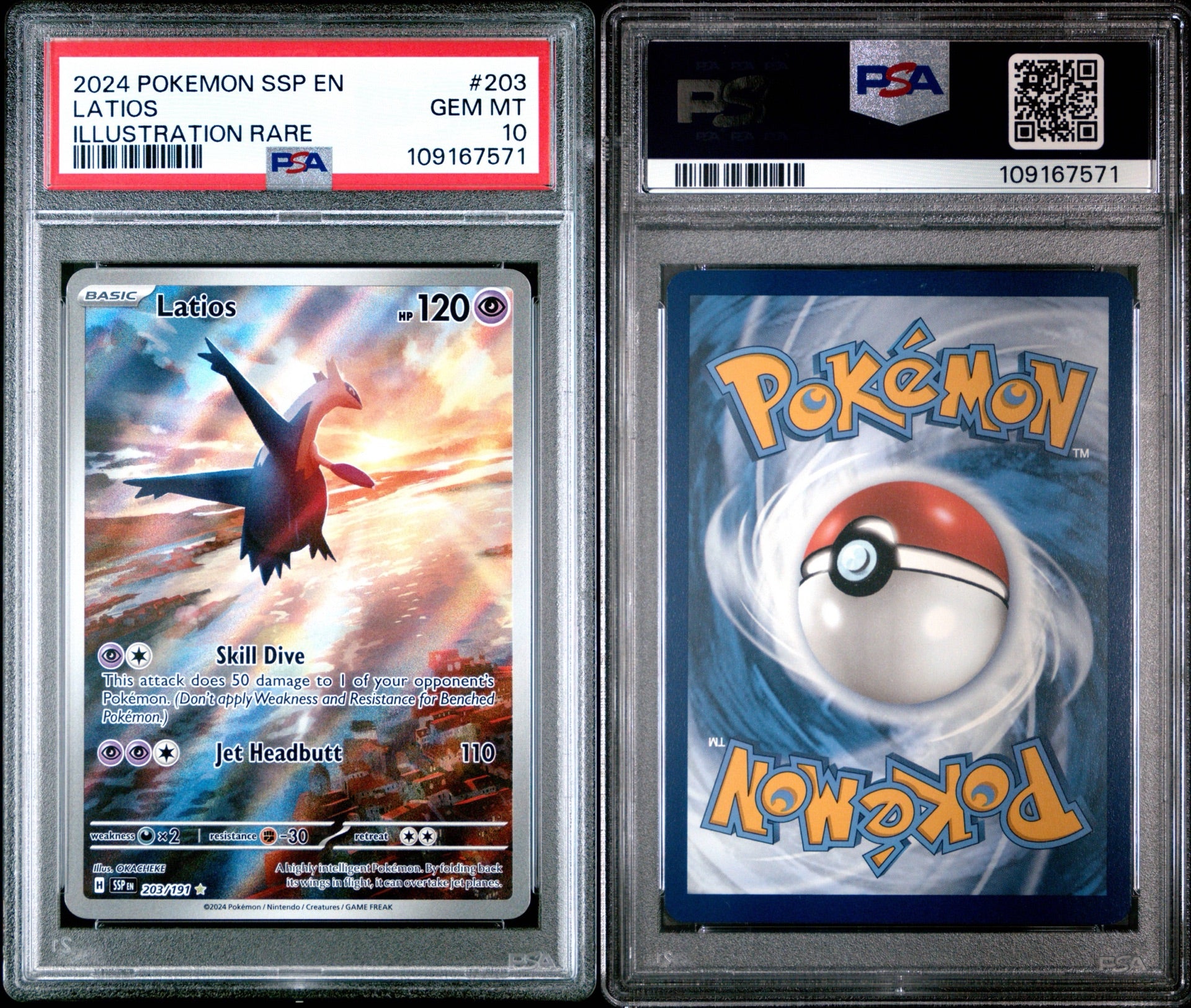PSA 10 2024 POKEMON SSP EN-SURGING SPARKS #203 LATIOS ILLUSTRATION RARE