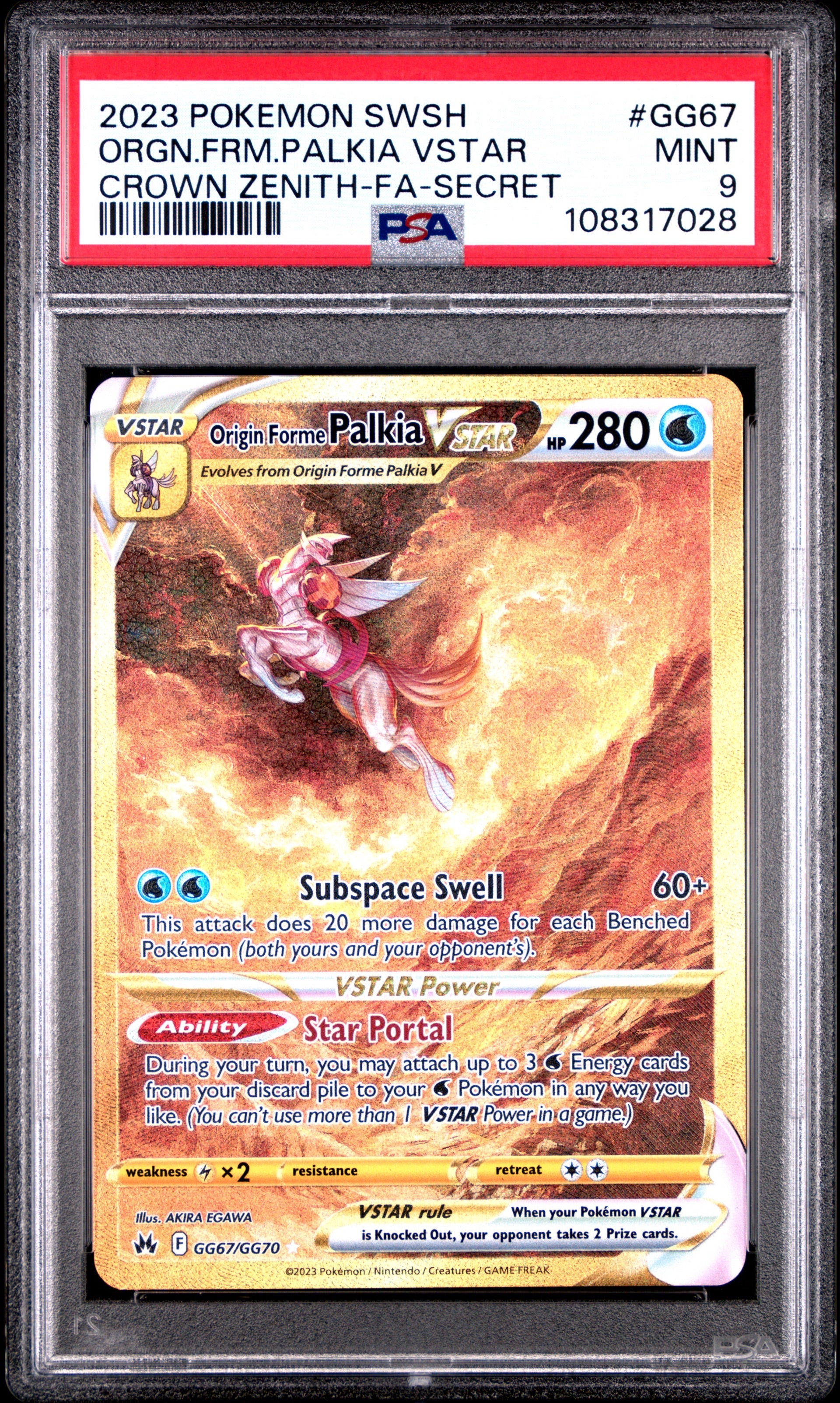 PSA 9 2023 POKEMON SWORD AND SHIELD CROWN ZENITH #GG67 ORGN.FRM.PALKIA VSTAR CROWN ZENITH-FA-SECRET